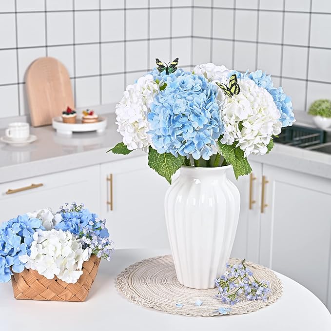Waipfaru 4 PCS Hydrangea Artificial Flowers, Real Touch Blue Hydrangea Artificial Flowers, Full Latex Fake Hydrangeas for Home Decor Party Floral Arrangements Wedding Bouquets Centerpieces