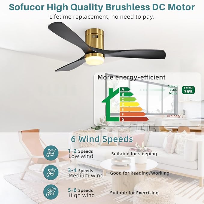 Sofucor Ceiling Fan with Lights-52 Inch Flush Mount Ceiling Fan with Light and Remote Control, Low Profile Wood Blades Modern Outdoor Ceiling Fans for Bedroom/Farmhouse/Patio/Indoor, Quiet DC Motor
