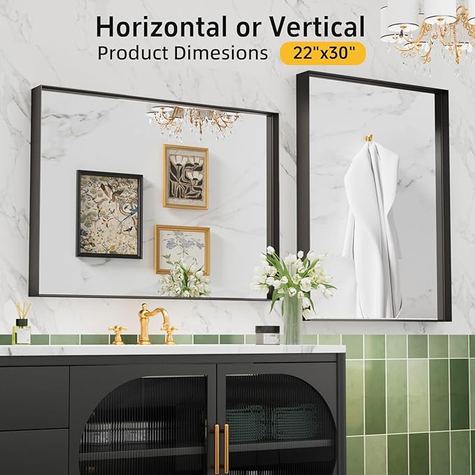 Black Vanity Wall Mirror, 22x 30 Inch Rectangular Bathroom Mirrors for Over Sink, Aluminum Metal Framed Mirror, Tempered Glass, Anti-Rust, (Horizontal/Vertical) 2Pack