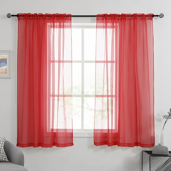 HUTO Christmas Red Sheer Curtains Window Drapes 2 Panels Rod Pocket Voile Sheer Panels Curtains 63 inches Long for Bedroom Living Room Nursery Study Room