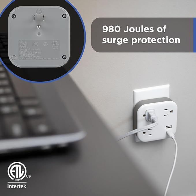 GE UltraPro 3-Outlet Surge Protector Wall Tap, 980J, USB-C & USB-A Ports, Adapter-Spaced Outlets, Circuit Breaker, ETL Certified, Low-Profile Design, White, 85875