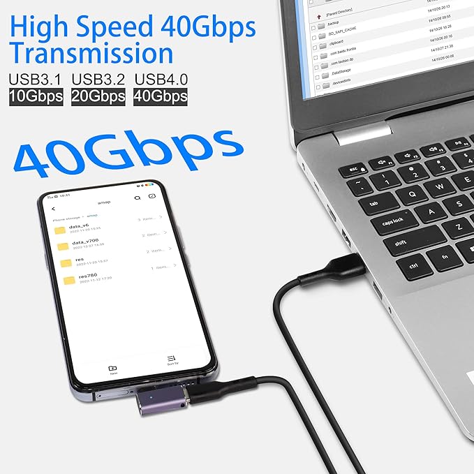 QIANRENON USB4.0 C 90 Degree Angle Adapter 240W 40Gbps Type C 4.0 Male to Female Right Angle Connector,LED Indicator,8K Audio/Video Transfer,for Smartphone Tablet Steam Deck, 2 Pcs (Side Bend)
