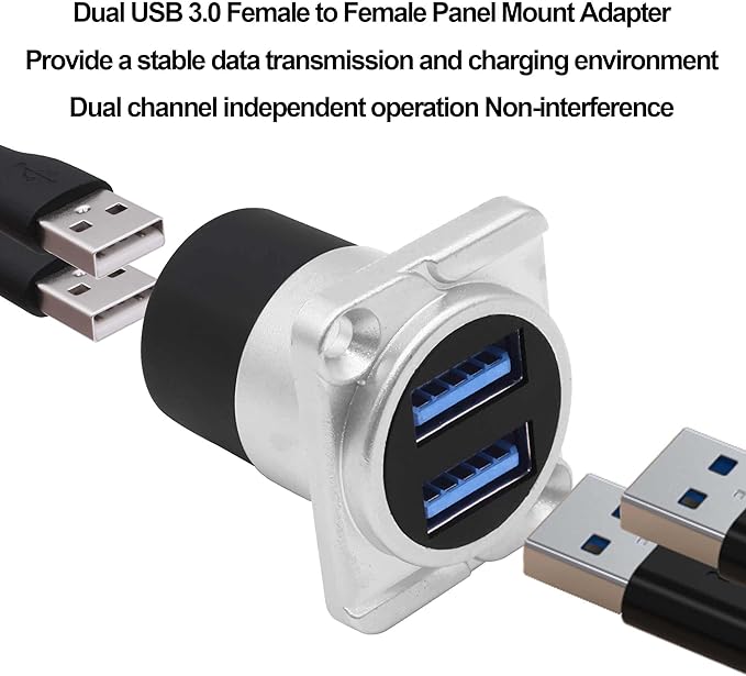 Dual USB 3.0 Panel Mount Adapter USB Type A Dual Female to 2 Female Coupler Bulkhead Fixed Mount Embedded D-Type Pass Though Connector for Data Transfer/Charging -Silver (D-Type)