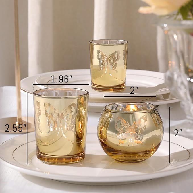 Gold 12 PCS Combination Tea Lights Candle Holder Decorative with Butterfly Pattern, Votive Candle Holders for Wedding, Birthday, Anniversary, Parties, and Holiday Decorations