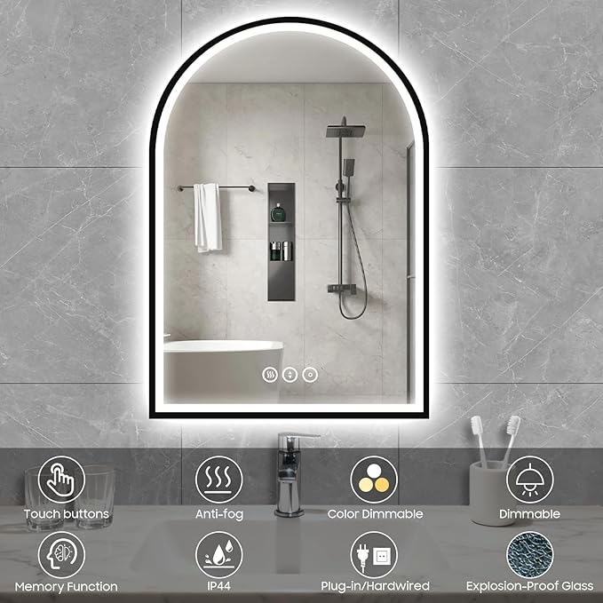 20x30 Inch Arch LED Bathroom Mirror, Black Lighted Bathroom Mirrors Wall Mounted, Vanity Mirror with Anti-Fog, Memory Function, 3 Color Temperature, Dimmable Led Mirror for Bathroom