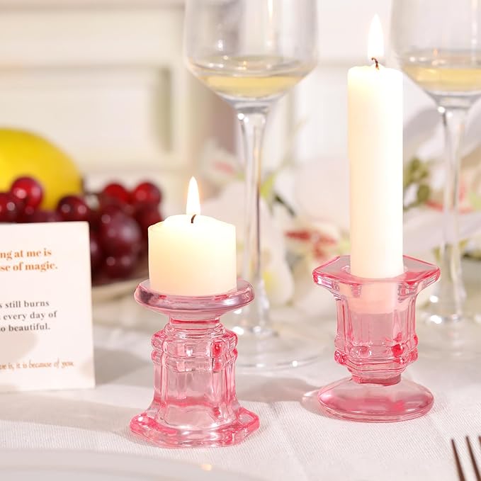 Pink Candlestick Holders Bulk, 12 Pcs Glass Candle Holders Set,Crystal Taper Candle Holder for Wedding, Table Centerpiece, Home Decoration