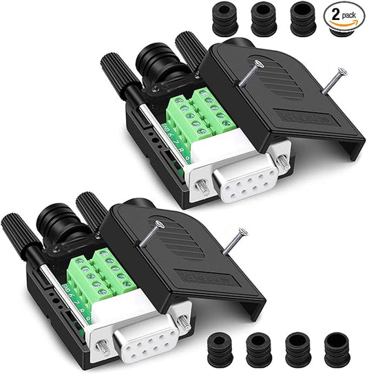 2PCS DB9 Solderless Connector, RS232 D-SUB Serial to 9-Pin Port Terminal Female Adapter Connector Breakout Board with Locking Housing