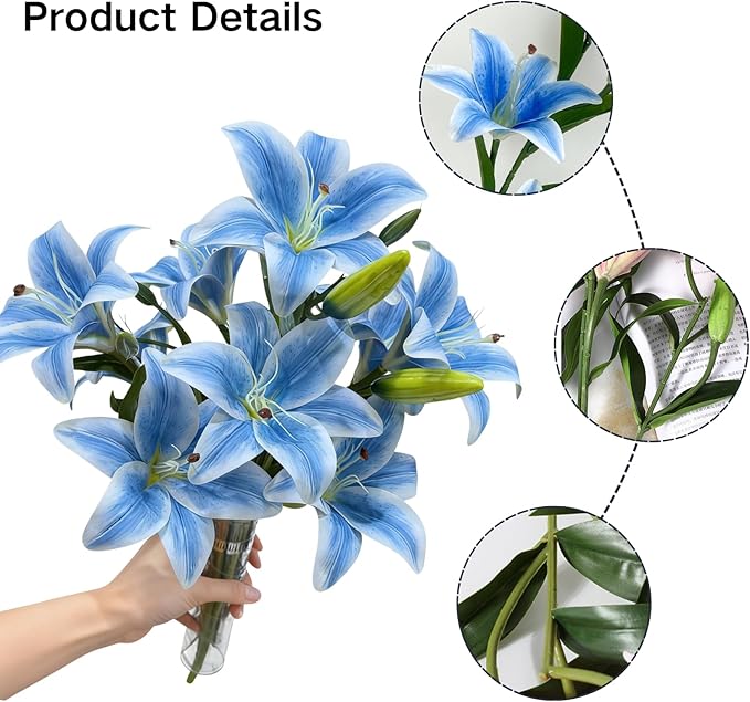 ASTRYAS 18 Heads Blue Fake Lilies, Artificial Lily Faux Lilies Bouquet with 18 Heads Full Bloom Lily & 6 Buds for Home Hotel Flower Arrangement Party Decor