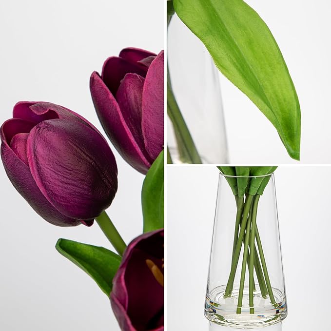 Fake Tulips Artificial Tulip Flowers in Glass Vase with Faux Water, 14.2" Real Touch Purple Tulip Flowers Décor for Table Centerpiece Home Farmhouse Resto Wedding Decoration