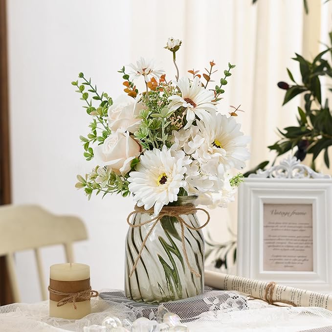 Fake Flowers Artificial Daisy Rose with Vase, Faux Silk Flowers Fake Plant Decor for Home Office, Kitchen Dining Table Centerpiece, Bathroom Shelf Decor