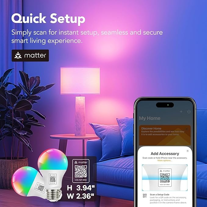 OREiN Matter Smart Light Bulb, Smart Light Bulbs Work with Apple Home, Alexa, Google Home, SmartThings, A19 Color Changing Light Bulbs 2.4Ghz WiFi, 800 Lumens Equivalent 60W 6Pack