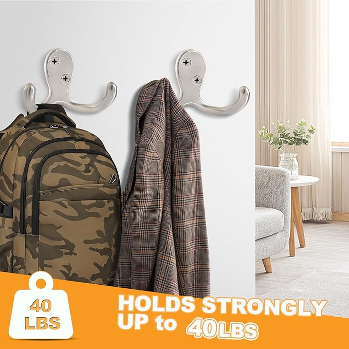 20 Pack Coat Hooks Wall Hooks for Hanging, Heavy Duty Double Prong Metal Hook Wall Mounted for Living Room, Bathroom, Kitchen, Bedroom for Coat, Bag, Scarf, Towel, Hat, Key, Cup (Silver)