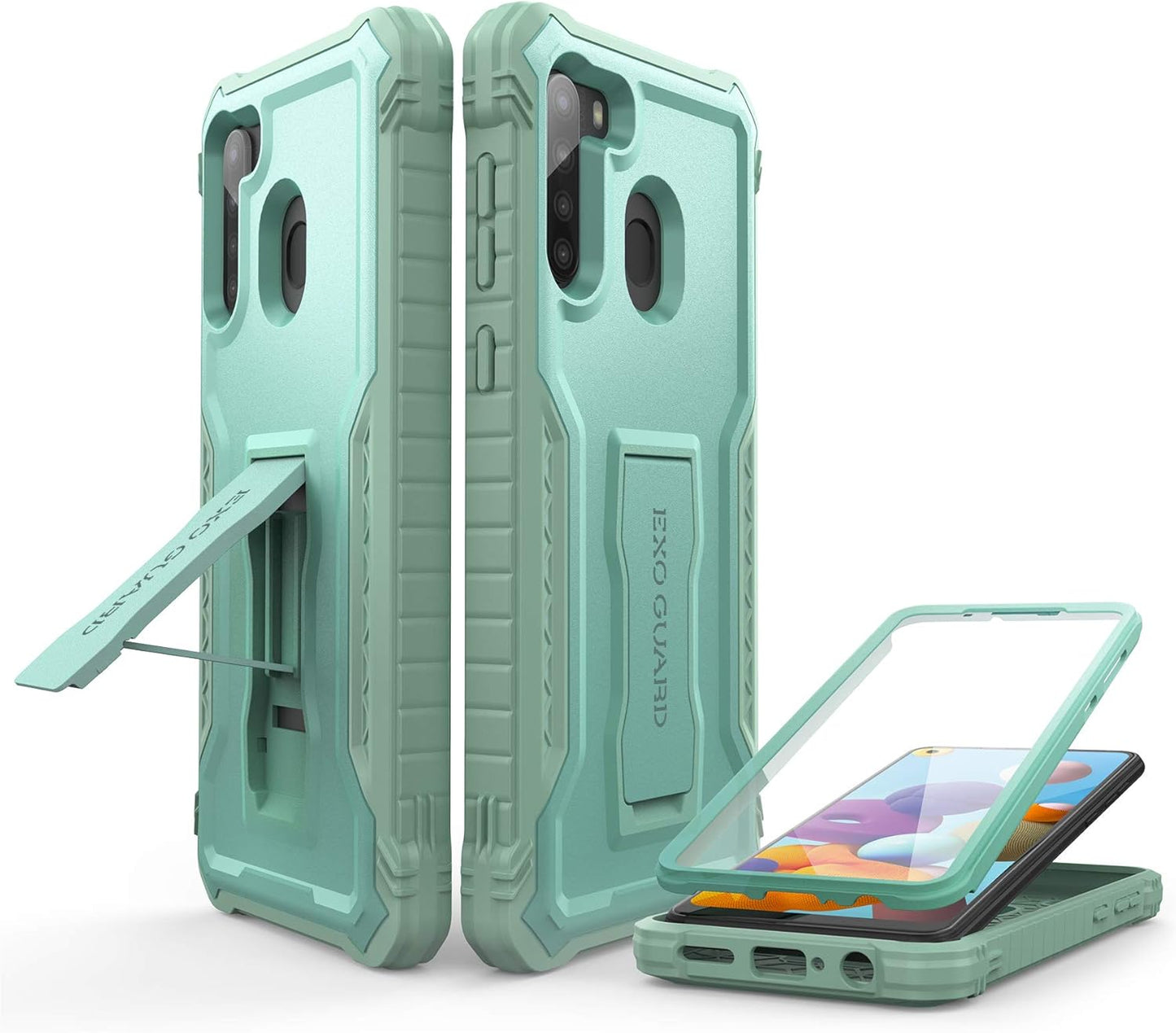 ExoGuard Rubber Shockproof Full-Body Case for Samsung Galaxy A21, Green with Built-in Screen Protector & Kickstand