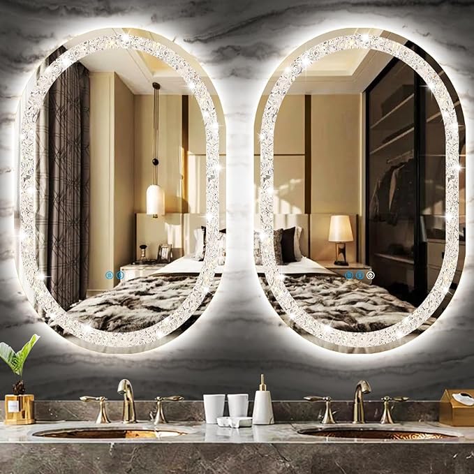 40 x 20 Inch Crystal Oval Vanity Mirror with Lights 3 Color Memory Function Dimmable Antifog 40 Inch Diamond Crystal LED Oval Lighted Mirror for Bathroom Salon Wall Horizontal/Vertical Mount