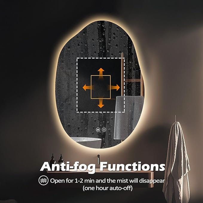LED Light Bathroom Mirror 22x32, Stepless Dimmable Irregular Backlit Mirror with 3 Colors, Anti-Fog, Memory, Al-Alloy Lampshade, Frameless Makeup Mirror for Bathroom (Horizontal/Vertical)