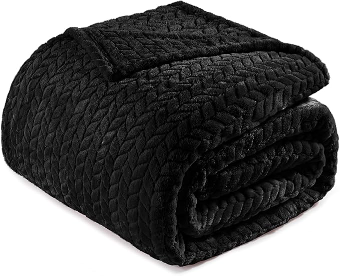 Exclusivo Mezcla Fleece Queen Size Blanket for Bed, 90x90 Inches Soft Cozy Jacquard Flannel Blankets, Lightweight Fuzzy Plush Warm for Winter, Black
