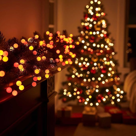 QBIS 120 LED Christmas Cluster Fairy Lights – Red, Orange, Yellow Indoor Decorative String Lights, Plug-in Fall Decor for Indoor or Outdoor use.