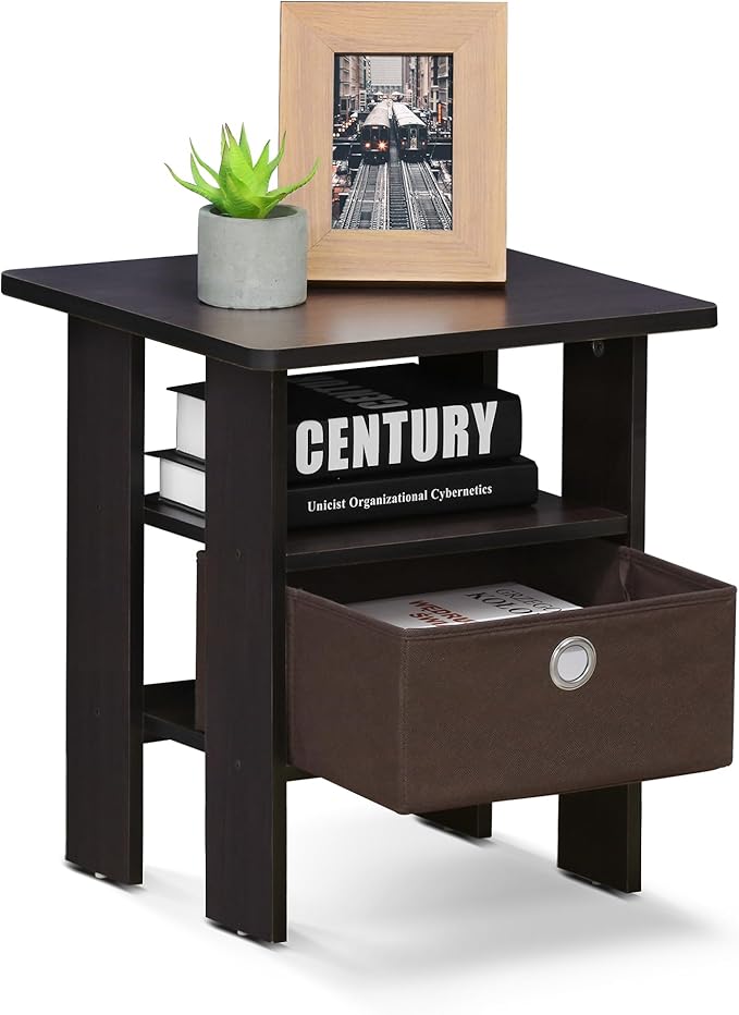 Furinno ANDREY Side Table, End Table, Night Stand with Open Shelves and Storage Bin, Bedside Table, for Living Room, Bedroom, Dark Walnut