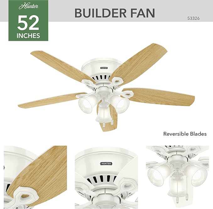 Hunter 52 inch Indoor Ceiling Fan with LED Lights - White Ceiling Fan with Pull Chain, For Bedroom, Living Room, or Kitchen, Low Profile Mount, No Remote, 5 Blades - Builder 53326, Snow White