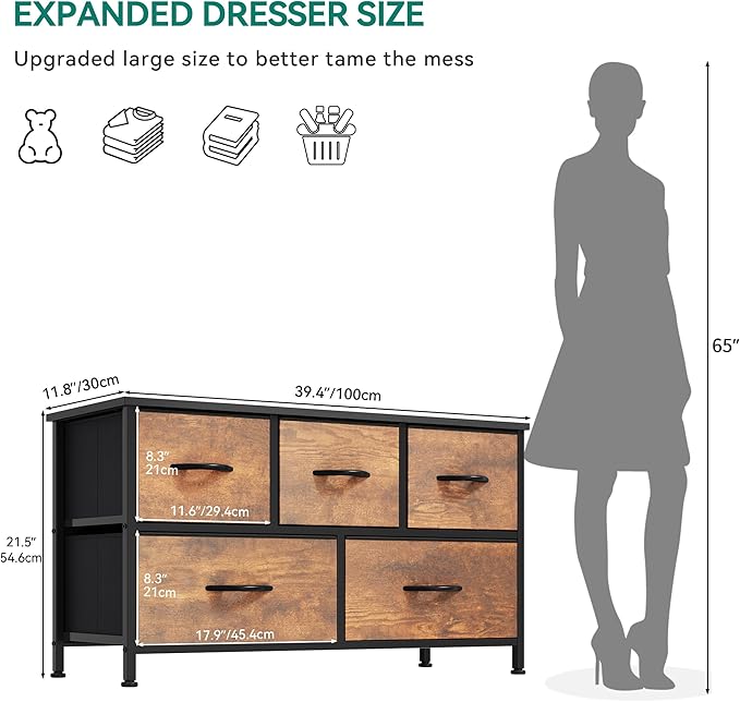 YITAHOME Wide Storage Tower with 5 Drawers - Fabric Dresser, Organizer Unit for Bedroom, Living Room, Closets - Sturdy Steel Frame, Easy Pull Fabric Bins & Wooden Top