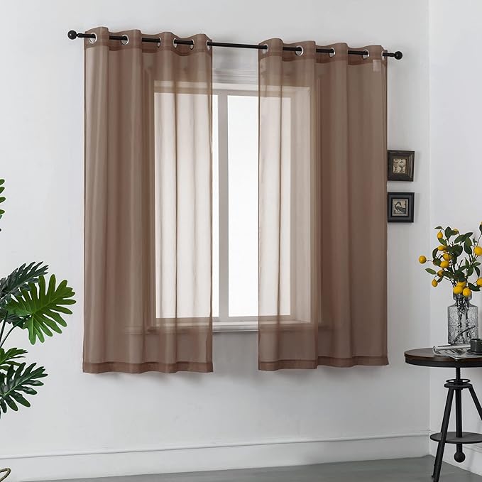 DUALIFE Dark Brown Sheer Curtains Voile Panels Drapes Grommet Curtain Sheers for Living Room 45 inch Length Transparent Bedroom Light Filtering Window Treatments 2 Panels 52x45 Chocolate Brown