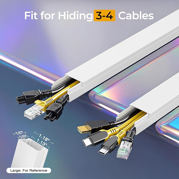 113.4in Cord Hider Kit, Cord Covers for 3-4 Wires on Wall, Self-Adhesive Tv Cable Hider, Paintable Wire Hider Wire Covers for Cords on Wall, Cable Cover Management Kit, L14.2 W1.18 H0.6in, White
