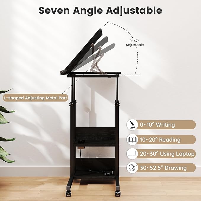Hadulcet Adjustable C Table with Charging Station, Tiltable Desk C Shaped End Table for Couch, Over Bed Stand with Wheels Adjustable Height, Hospital Table Laptop Stand Drawing Desk, Black