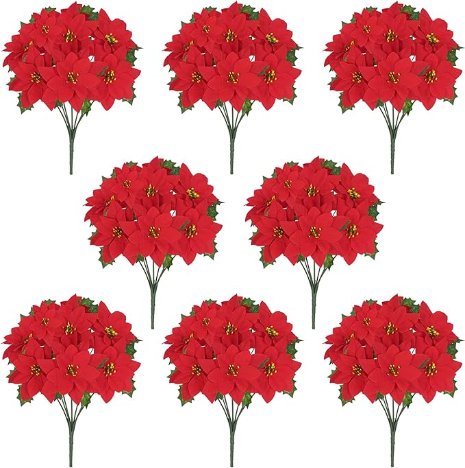 8 Pack Poinsettia Flowers Artificial Christmas Decorations, Red Poinsettia Flowers for Christmas Tree, Velvet Poinsettias Artificial Flowers for Xmas Decor DIY for Home Vase Indoor Outdoor Garden