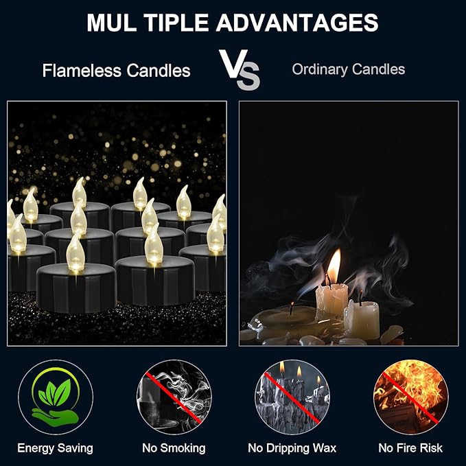 Battery Operated LED Tea Lights: 12PACK Flameless Votive Candles Lamp Realistic and Bright Flickering Holiday Gift Long Lasting 200Hours for Seasonal & Festival Celebration Black