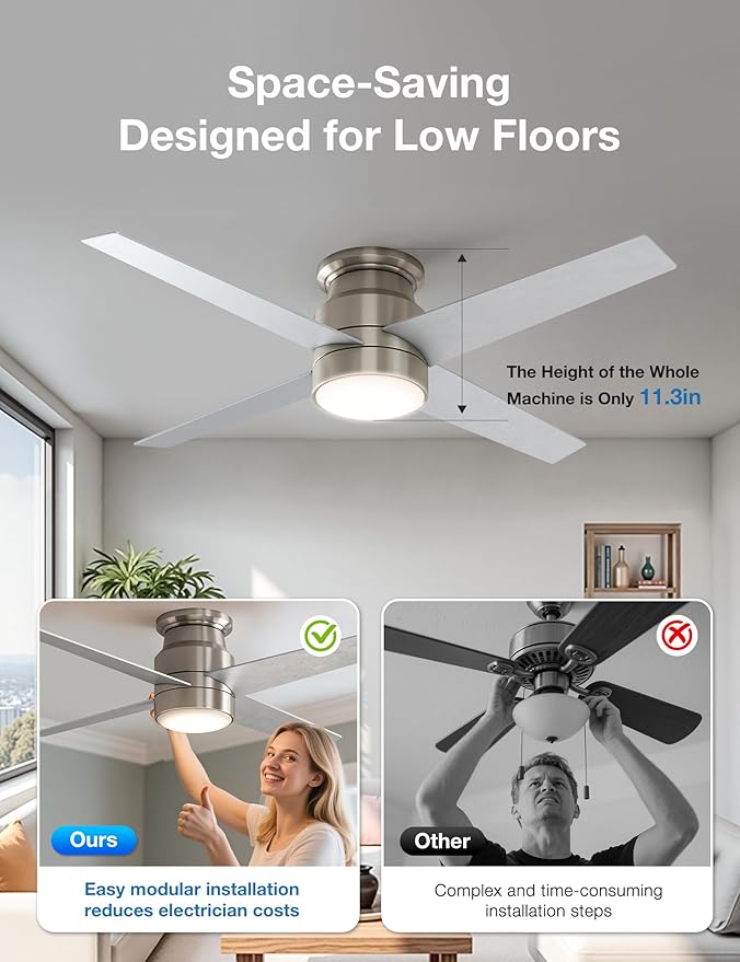 warmiplanet Flush Mount Ceiling Fans with Lights and Remote Control, 52-Inch, Brushed Nickel, 4-Blades, 2 Pack