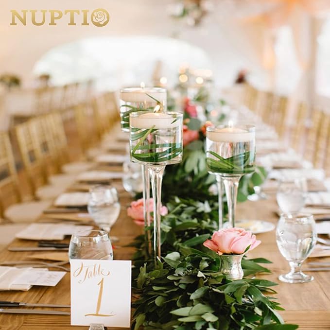 NUPTIO Glass Tealight Candle Holders: Set of 6 Tall Candle Stands for Dinner Table Centerpiece - Stemmed Candleholders for Pillar Floating Candles
