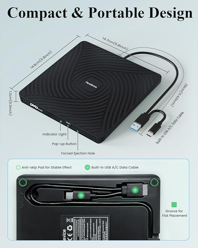 PeroBuno External CD DVD Drive, USB 3.0 Type-C Optical Drive, 0.5-inch Ultra-Slim Portable DVD CD ROM Disc Player Reader Writer Rewriter Burner Recorder for Laptop PC MacBook Windows Linux Mac OS
