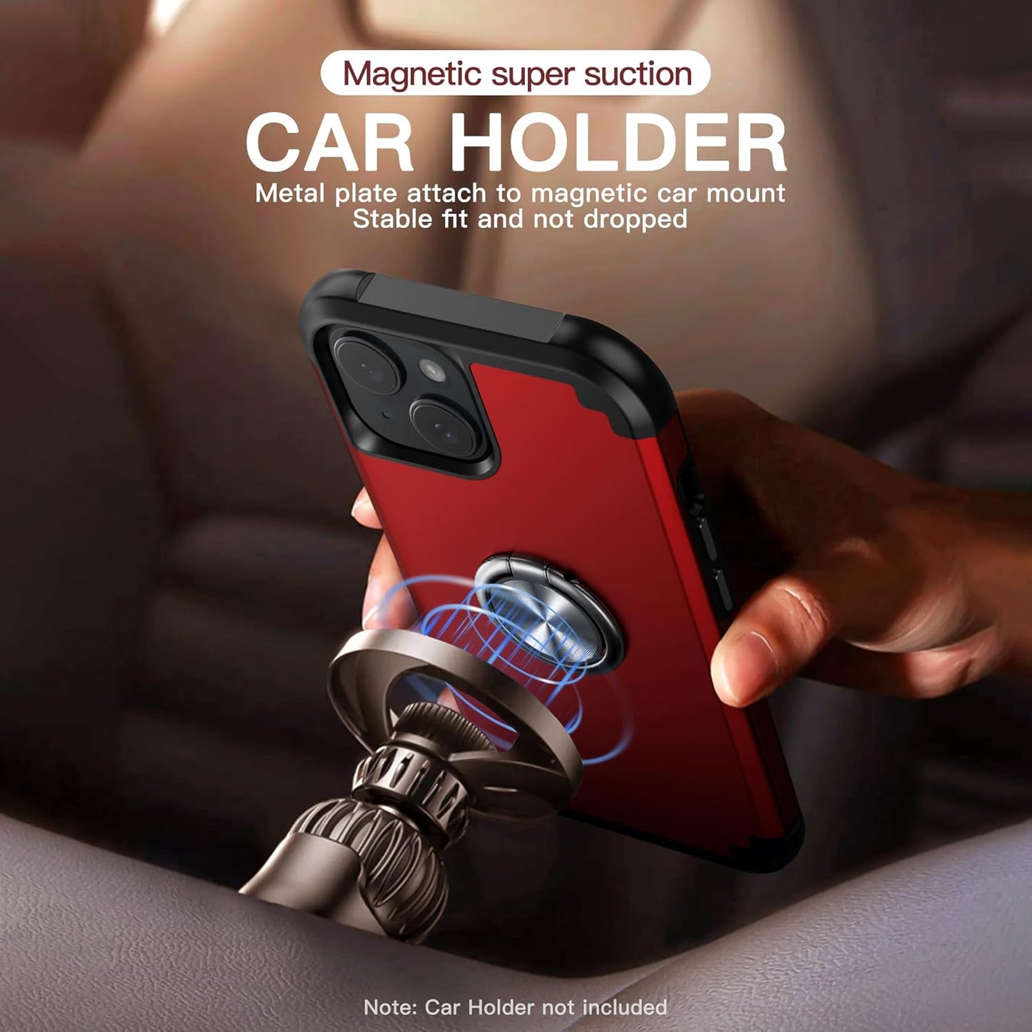 IDweel iPhone 14 Plus Case: 2-in-1 Shockproof Cover with Screen Protector, 360° Ring Holder, Camera Lens Protector, Red.