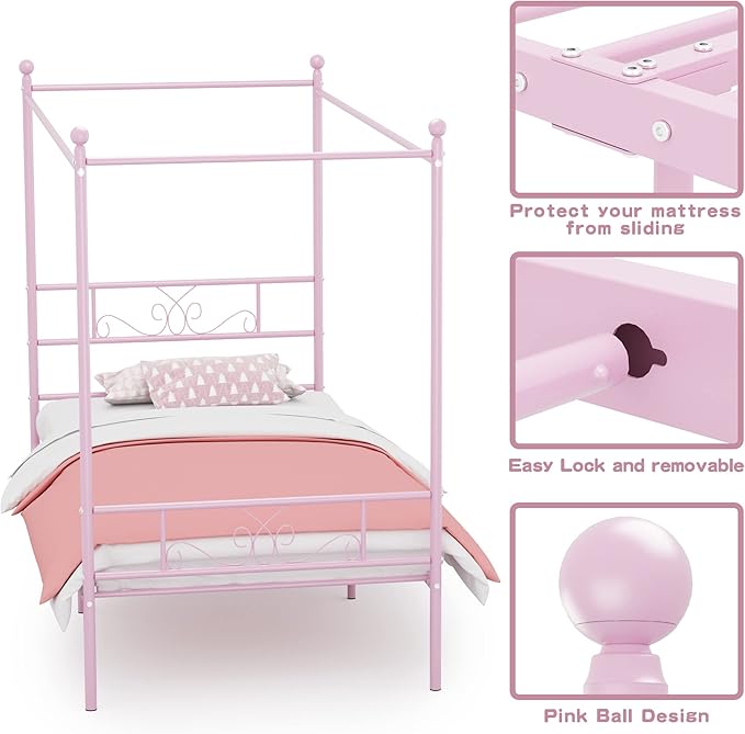 Weehom Twin Canopy Bed Frame with Headboard and Footboard, 4 Posters Metal Bed Frame, No Box Spring Needed, Mattress Foundation Platform Bed for Kids and Adults, Pink