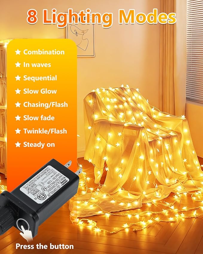 Twinkle Star 2 Pack 100 LED Star String Lights, Plug in Fairy String Lights Waterproof, Extendable for Indoor, Outdoor, Wedding Party, Christmas Tree, New Year, Garden Decoration, Warm White