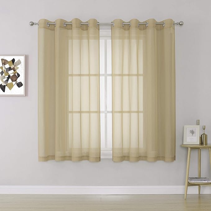 KEQIAOSUOCAI Tan Sheer Voile Window Treatment Grommet Top Curtain Panels for Bedroom and Living Room (54 x 63 inches Long, Set of 2)