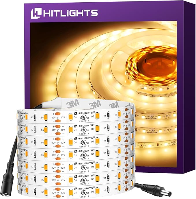 HitLights LED Strip Lights Warm White 3000K, 16.4ft Premium Tape Light for Bedroom, 300 LEDs/Reel, 150LM/ft, 22W, UL-Listed, 12V Flexible Dimmable Rope Lights for Room, Home, Under Cabinet Lighting