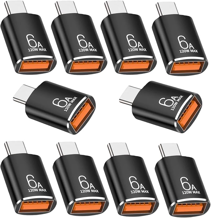 BOMIE USB C to USB Adapter 10 Pack, 6A 120W Fast Charging 10Gbps Data Transfer,USB C Male to USB 3.2 Female OTG Adapter for Phone 15/16/17,Pad,Ma-cBook Pro/Air,Smartphone,Laptop,Tablet Black