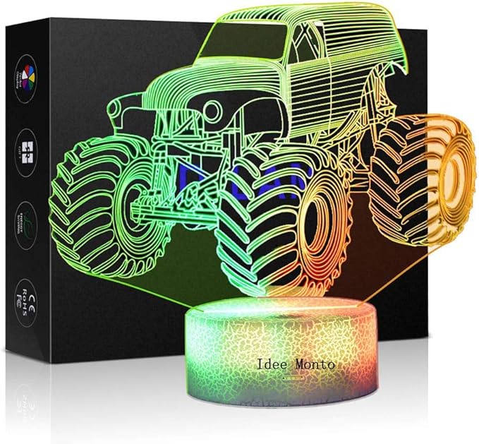 3D Night Lights for Children, Kids Night Lamp, Monster Trucks for Boys, 7 LED Colors Changing Lighting, Car Shape Acrylic Lighting Table Desk Bedroom Decoration, Cool Gifts Ideas Birthday Xmas