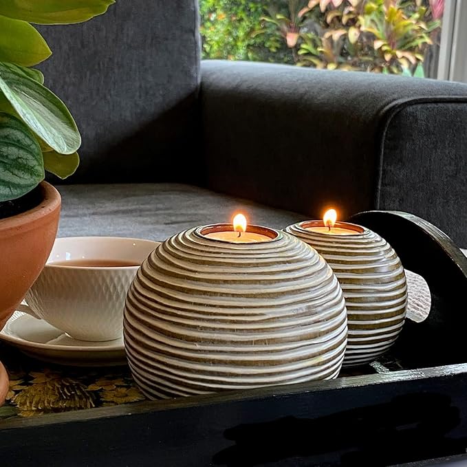 Tuva Orb Candle Holders (Gift Boxed Set of 2), Table Centerpieces for Dining or Living Room, Spa, Bathroom, Kitchen Counter, Mantle or Coffee Table Decor (Light Brown and White)