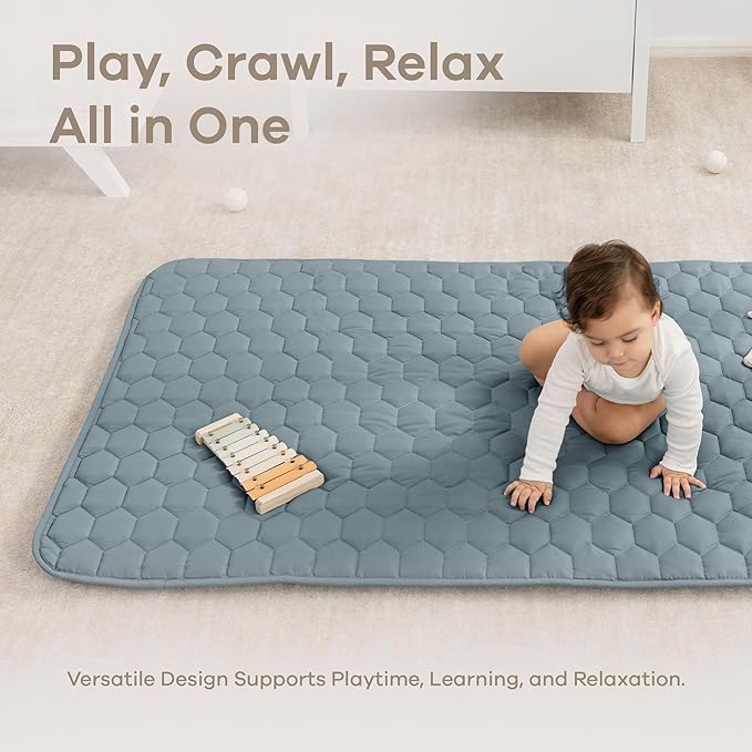 Comfy Cubs Rectangle Kids Play Mat - Small 36 x 60 inches Soft Quilted Baby Floor Mat with Non-Slip Bottom - Plush Design for Toddlers' Playtime and Relaxation - Comfortable and Durable - Pacific Blue