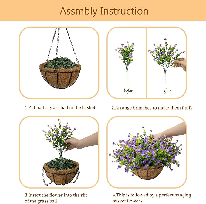 Artificial Hanging Flowers Basket for Outdoor, 16 Fake Flowers Look Real UV Resistant, Faux Hanging Plants for Porch, Balcony, Patio, Garden, Spring Summer Decor,Purple
