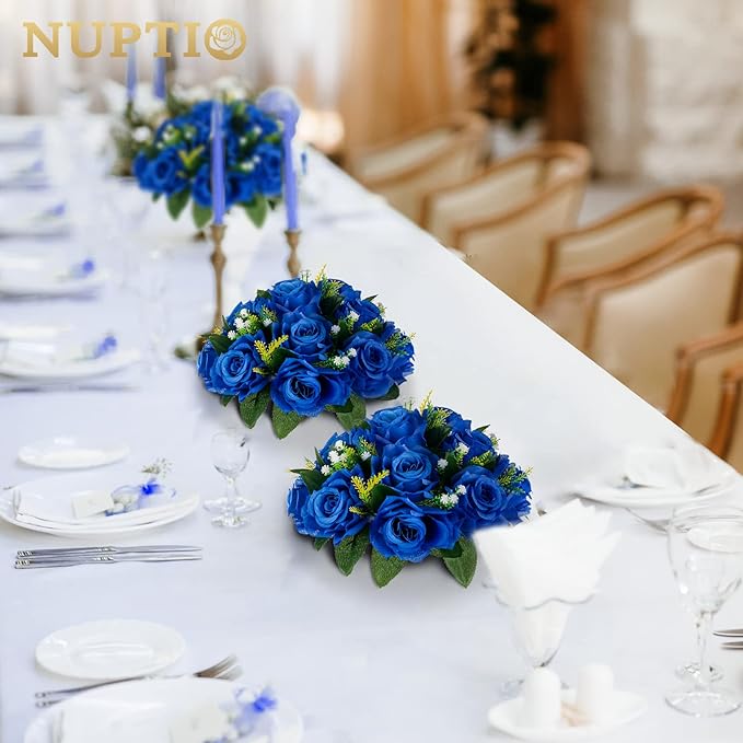 NUPTIO Flower Balls for Wedding Centerpieces - 2 Pcs 9.5 inch Diameter Fake Flower Ball Arrangement Bouquet Party Centerpieces for Tables - Royal Blue Rose Bouquet Centerpiece Flowers for Table