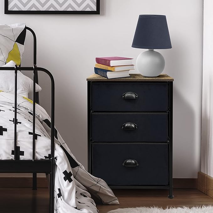 Sorbus Nightstand with 3 Drawers - Bedside Furniture & Night Stand End Table Dresser with Steel Frame, Wood Top, Easy Pull Fabric Bins for Home, Bedroom Accessories, Office & Dorm