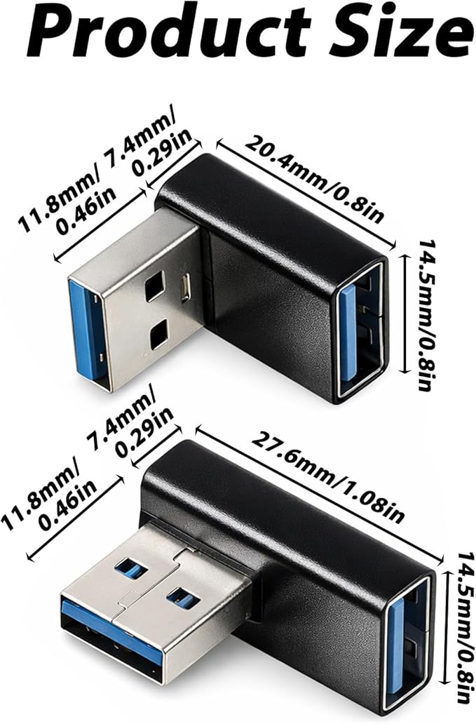 4 Pack 90 Degree USB 3.0 Adapter, USB Extender Connector Adapter Up and Down Angle, Left and Right Angle USBs A Male to Female Converter Extender for PC, Laptop, Mouse, Keyboard