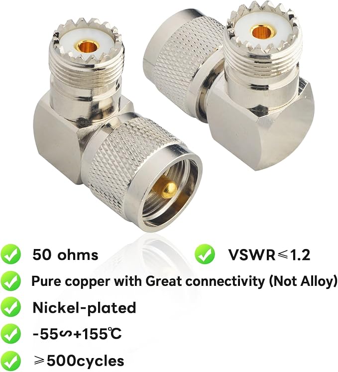 Boobrie UHF Connector Right Angle Coax Connector UHF Male Plug PL259 to UHF Female Jack SO239 90 Degree L Shape Low Loss Coax Cable Connector RF Antenna Adapter Pack of 2