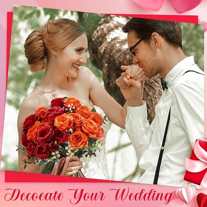 Geosar 16 Bundles Artificial Peonies Flowers Fake Silk Peony Bouquet Faux Peonies Flowers Bulk for Decoration Vase Floral Arrangements Wedding Party Table (Orange,Dark Red)