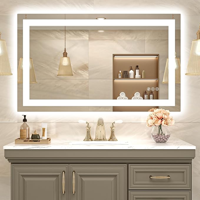 USHOWER LED Bathroom Mirror 40x24 Inch with Lights - Frameless Tempered Glass LED Backlit Lighted Mirror for Bathroom Vanity with Anti-Fog, 3 Colors Dimmable, Memory Function, Wall-Mounted