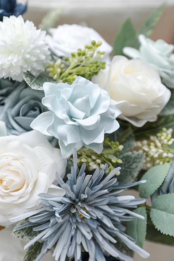 Blue White Artificial Flowers Silk Fake Roses Peonies Greenery Combo Box Set for DIY Wedding Bouquets Bridal Shower Centerpieces Floral Arrangements Party Tables Home Decoration