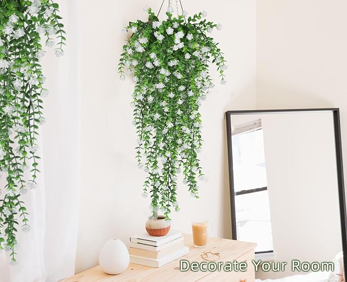 RECUTMS Artificial Hanging Plants Fake Hanging Plant Faux Eucalyptus Leaf Greenery Vine Outdoor UV Resistant Plastic Plants Home Garden Wedding Party Indoor Outdoor Decorations(White)